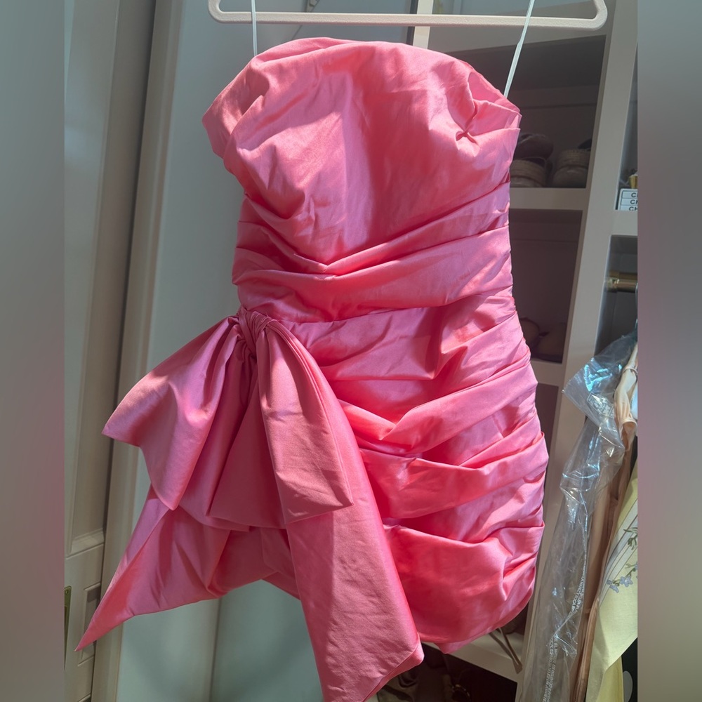 Nicole Bakti Strapless Bubble Mini Dress in Bright Pink with Side Bow